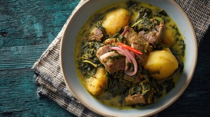 Grenada dish Oil Down Coconut milk stew with breadfruit callaloo and salted meat hearty and spiced