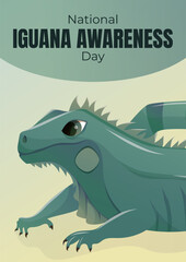Vector A4 banner or flyer for National Iguana Awareness Day. Features a cute cartoon green iguana with eye-catching design. Great for educational events and animal protection campaigns.
