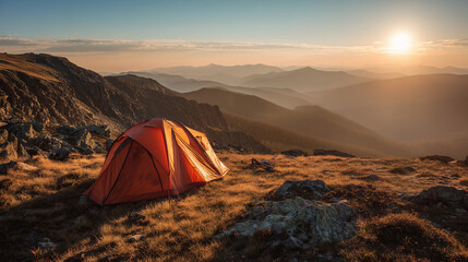 Tourist camping tent on mountain campsite at bright sunny evening. Active tourism and hiking concept