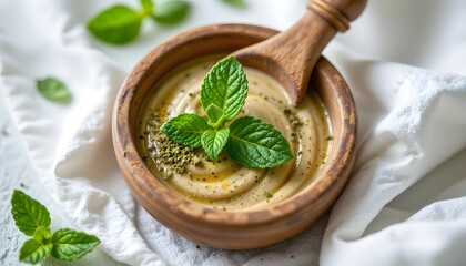 herbal compress in white cotton with mint leaves