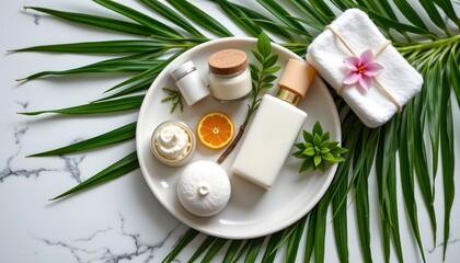 white ceramic plate with spa accessories and green palm leaves