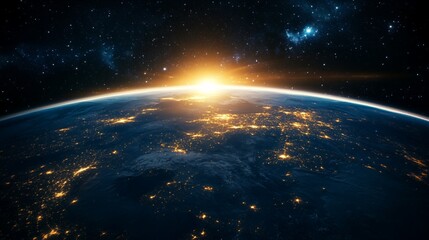 Obraz premium Earth View From Space at Sunrise with City Lights and Stars