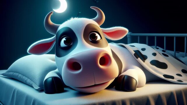 baby cow on a bed in a blanket at night white background