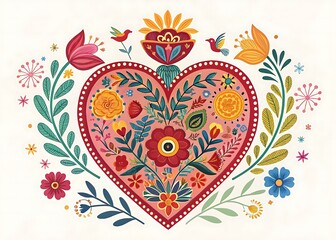 Colorful artistic Mexican ex voto heart adorned with vibrant floral patterns and traditional folk art elements, perfect for cultural designs, decorative prints, and festive digital illustrations
