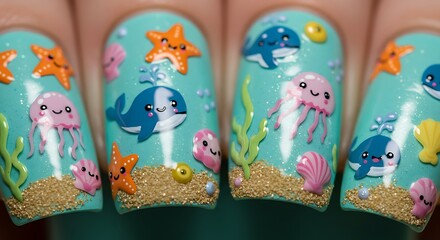 Ocean-themed nail art featuring adorable marine creatures and sandy beach details for a playful, vibrant look.