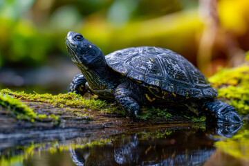 Fototapeta premium Close-up of a freshwater turtle on mossy log near water in lush forest setting