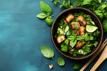 Classic Caesar salad with croutons garnished with fresh herbs