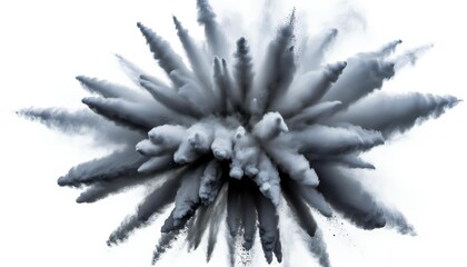 Dynamic Black Powder Explosion Bursting Outwards on a Pristine White Background, Creating an Abstract Smoke Cloud and Voluminous Texture for Impactful Design.