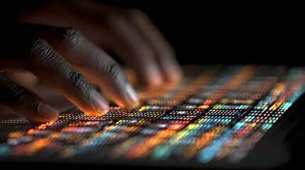 A hand is typing on a laptop keyboard with colorful lines and numbers. Concept of creativity and innovation, as the hand is using the keyboard to input data or code