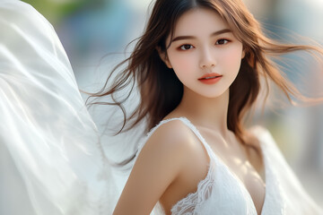 Outdoor portrait of a young Asian woman with flowing hair in white dress smiling softly in natural light.