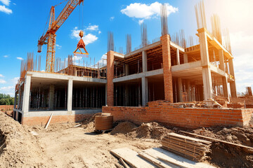 Construction crane lifts materials to upper floors of building