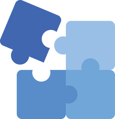 Simple vector illustration of four interlocking puzzle pieces in various shades of blue. Represents collaboration, problem-solving, and teamwork.