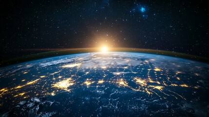 Obraz premium Earth View From Space at Sunrise with City Lights and Stars