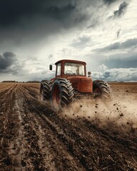 Obraz premium Dusty red tractor working in a vast field under dramatic stormy sky