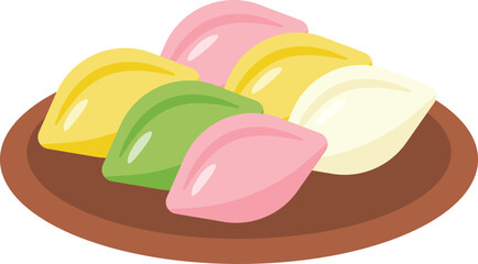 Colorful Korean rice cakes (songpyeon). Traditionally enjoyed during Chuseok holiday. Ideal for food, culture, or festival design.