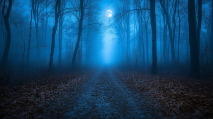 Obraz premium Mysterious moonlit path through a dark foggy forest with ethereal blue light