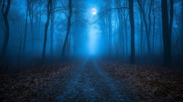 Mysterious moonlit path through a dark foggy forest with ethereal blue light