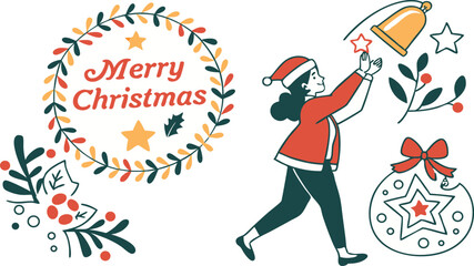 Joyful Woman Celebrates Christmas: Festive Flat Design, Cheerful Mood, Holiday Wreath, Ornament, Bell