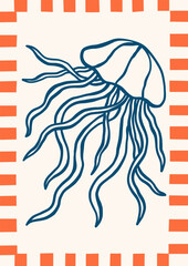 Underwater outline jellyfish vector illustration. Minimalist retro sea poster design with ocean creature in whimsical frame