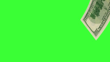 Raining money stock video 100 dollar over green screen chroma key background. 4K realistic  dollars bills falling down animation. Falling Dollar partical, Banknotes money flying down animation. 