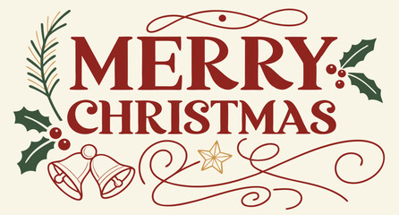 Merry Christmas Typography: Festive Red and Gold Holiday Design with Holly, Bells, and Stars.