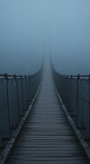 Obraz premium A long suspension bridge disappears into thick fog, creating a sense of mystery and isolation.