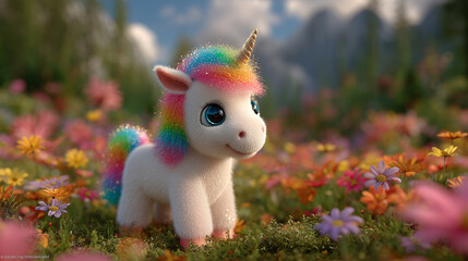 Cute unicorn stands in wildflower meadow. Fantasy creature, rainbow mane, children's illustration. Ideal for web design, marketing, storybooks.