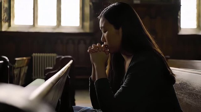 Woman in Prayer A Moment of Serenity and Reflection in the Quiet Ambiance of a Church Sanctuary