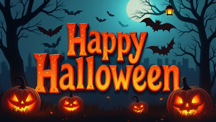 Happy Halloween spooky night with pumpkins and bats for greeting card, poster design, or background.