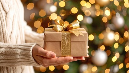Hands holding a gift box at Christmas