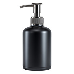 Obraz premium A black cylindrical bottle with a silver pump dispenser on a black background isolated on transparent background
