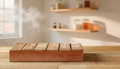 Bright kitchen interior with sunbeams lighting shelves and containers on the wall – wooden table...