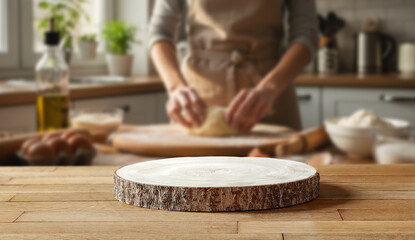 Copy space on wooden table with background of woman kneading dough on pastry board in bright home kitchen – cozy atmosphere of homemade cooking, family food and natural ingredients concept.