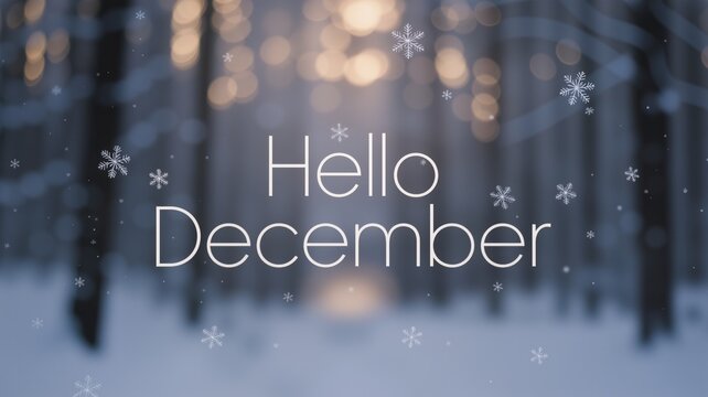 Hello December in winter forest with snow and snowflakes background for greeting card, banner, poster design. Seasonal holiday concept with copy space.