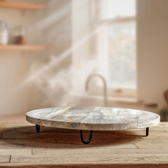 Bright kitchen interior with sunbeams lighting shelves and containers on the wall – wooden table...
