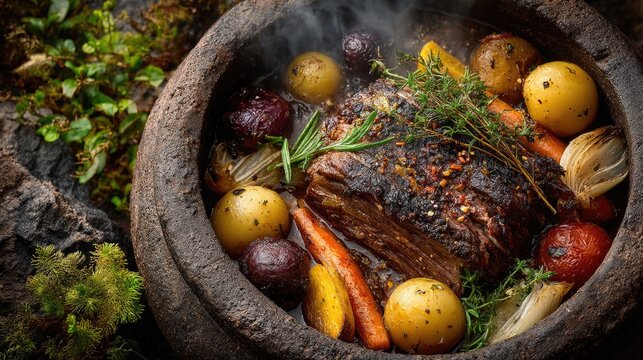 New Zealand dish Hangi Meat and vegetables cooked in earth oven smoky and tender