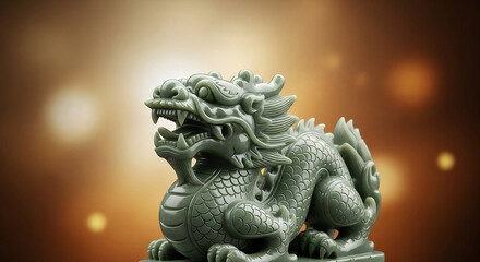 A meticulously crafted jade-colored dragon figurine, showcasing intricate scales, sharp claws, and an open mouth, set against a warm, blurred background with golden light.
