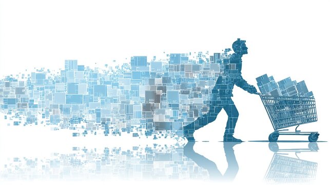 Pixelated man pushes full shopping cart, breaking down into squares on left