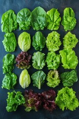 Various types of fresh lettuce on a dark surface