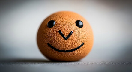  A close-up of a textured, orange spherical object with simple black dots for eyes and a curved line for a smile, conveying a cheerful and minimalist expression.