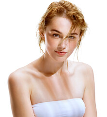 Photo of blonde girl with perfect skin on white background. Beauty and Skin care concept