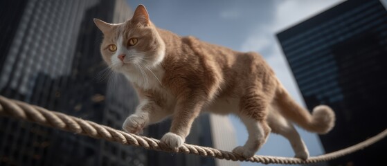 Confident cat walking on tightrope in urban skyline scene for balance and focus concept