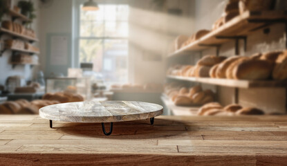 Wooden table with pedestal for product display in warm sunlit bakery interior – background with bread shelves and cozy light for natural food, rustic branding and culinary design
