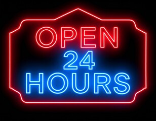 Neon sign text &ldquo;Open 24 Hours&rdquo; in glowing red and blue light, vintage retro style signage, dark transparent background for overlay, PNG format