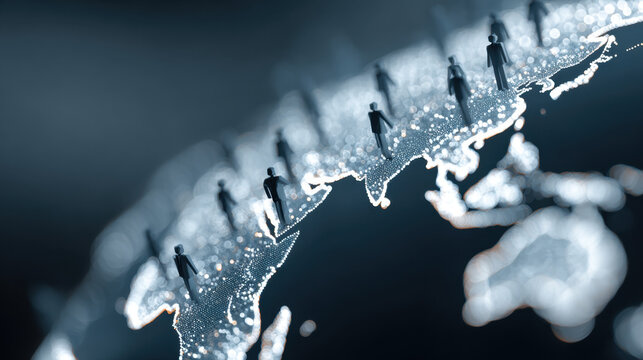 Abstract Global Migration Silhouetted Figures Moving Across a Glowing World Map