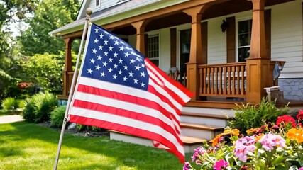 A vibrant American flag waves in front of a welcoming home, surrounded by colorful flowers and lush green grass. - Powered by Adobe