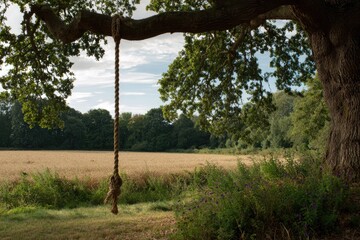 Rustic rope swing hangs from large oak tree over golden field