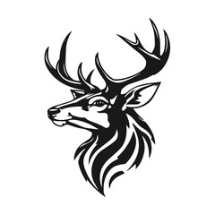 Deer head illustration, antler animal emblem, wild stag drawing, vintage deer logo, forest wildlife design