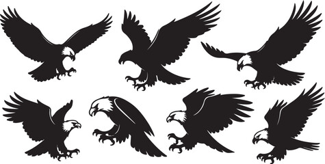 Obraz premium Majestic Eagle Silhouettes - Powerful Bald Eagle Vector Set Dynamic Flying Eagle Graphics - Wildlife Bird of Prey Illustrations Aggressive Eagle Poses