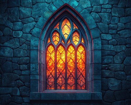 Gothic window ablaze with fiery stained glass, set in a dark stone wall